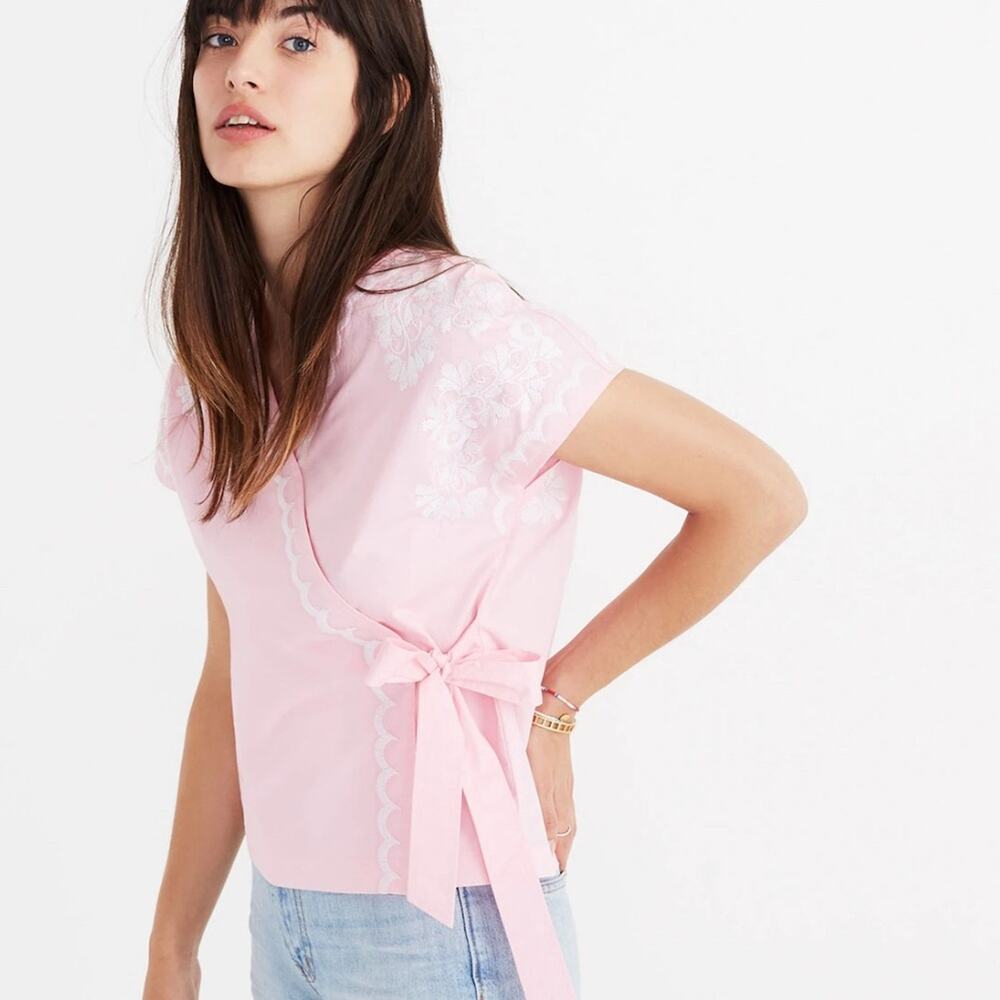 Madewell Pink Embroidered Side-Tie Wrap Top  Size XS